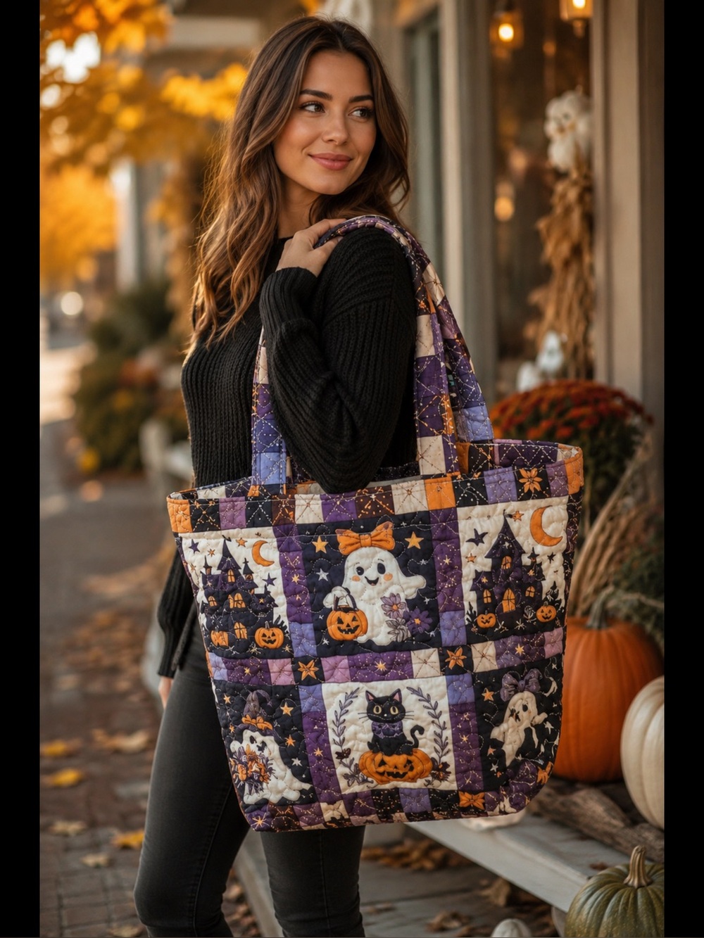Halloween Patchwork Tote Bag - Purple & Orange Quilted Shoulder Bag